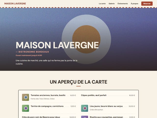 Le haut de la page d'accueil du modèle Bistro
