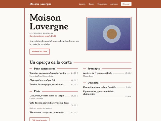 Le haut de la page d'accueil du modèle Trattoria