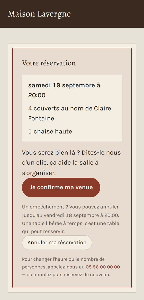 La page « Votre réservation » du client : le récapitulatif, un bouton « Je confirme ma venue » et un bouton « Annuler ma réservation »